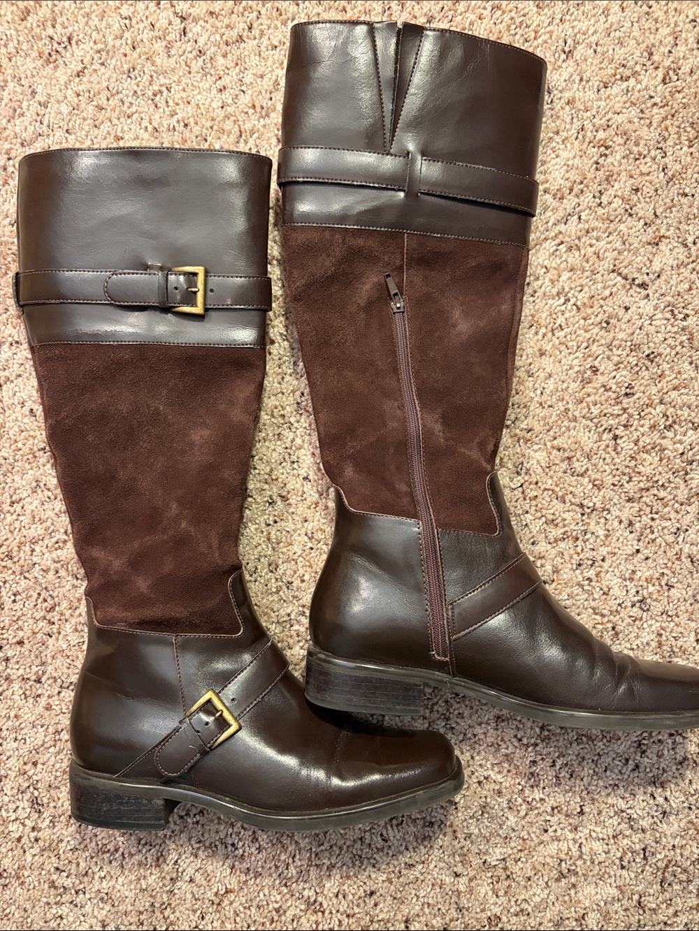 Trendy Brown Leather & Suede Knee-High Riding Boots